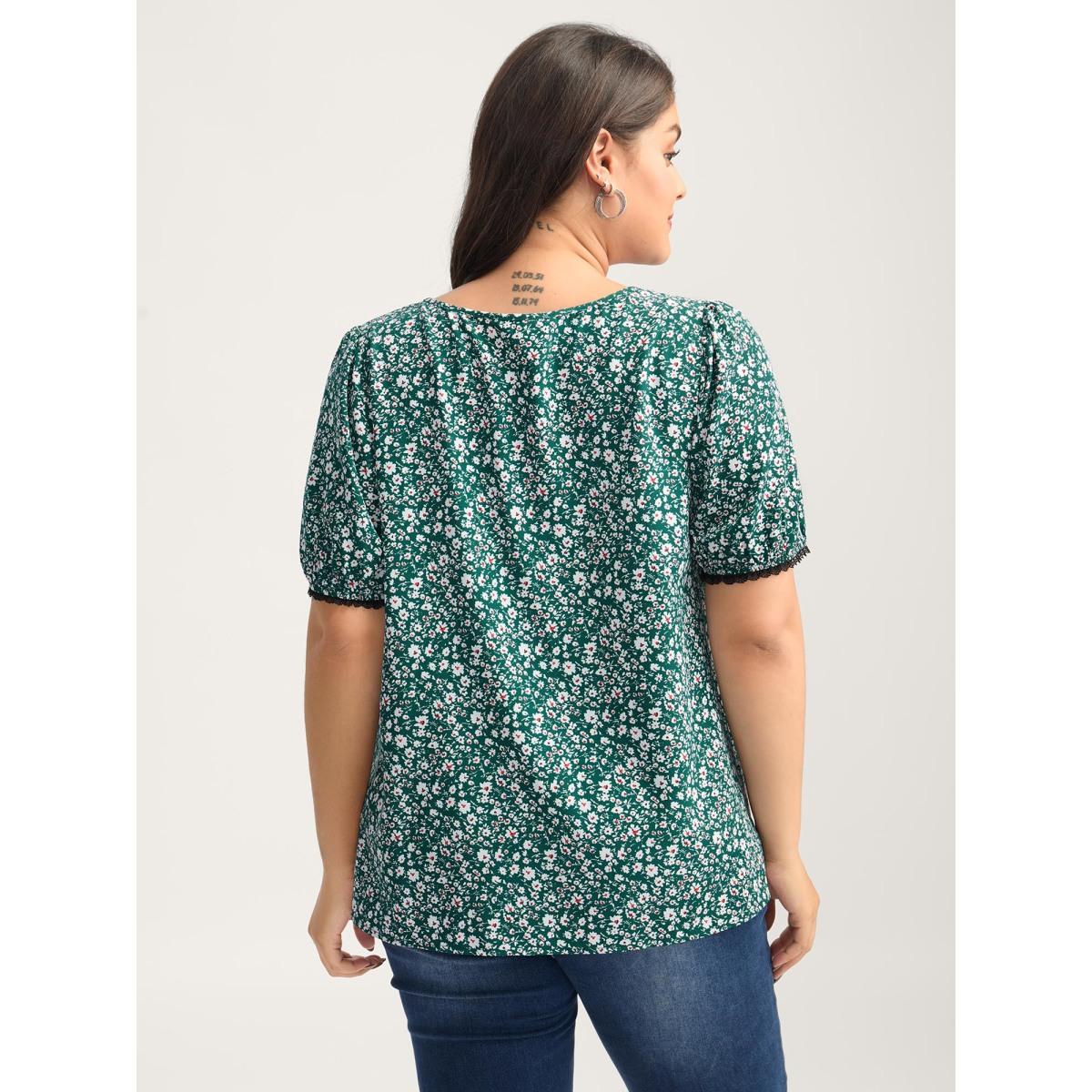 Plus Size DarkGreen Ditsy Floral Print Lace Trim Blouse Women Timeless Short sleeve V-neck Elegant Blouses BloomChic 14-16/1X Product Image