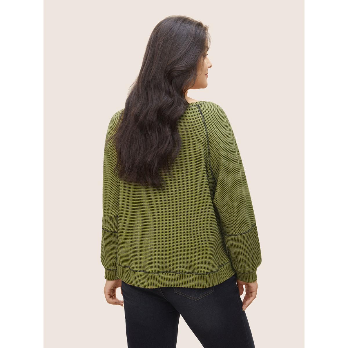 Plus Size Waffle Knit Notched Contrast Stitch Patchwork Sweatshirt Women ArmyGreen Casual Topstitching Notched collar Everyday Sweatshirts BloomChic 22-24/3X Product Image