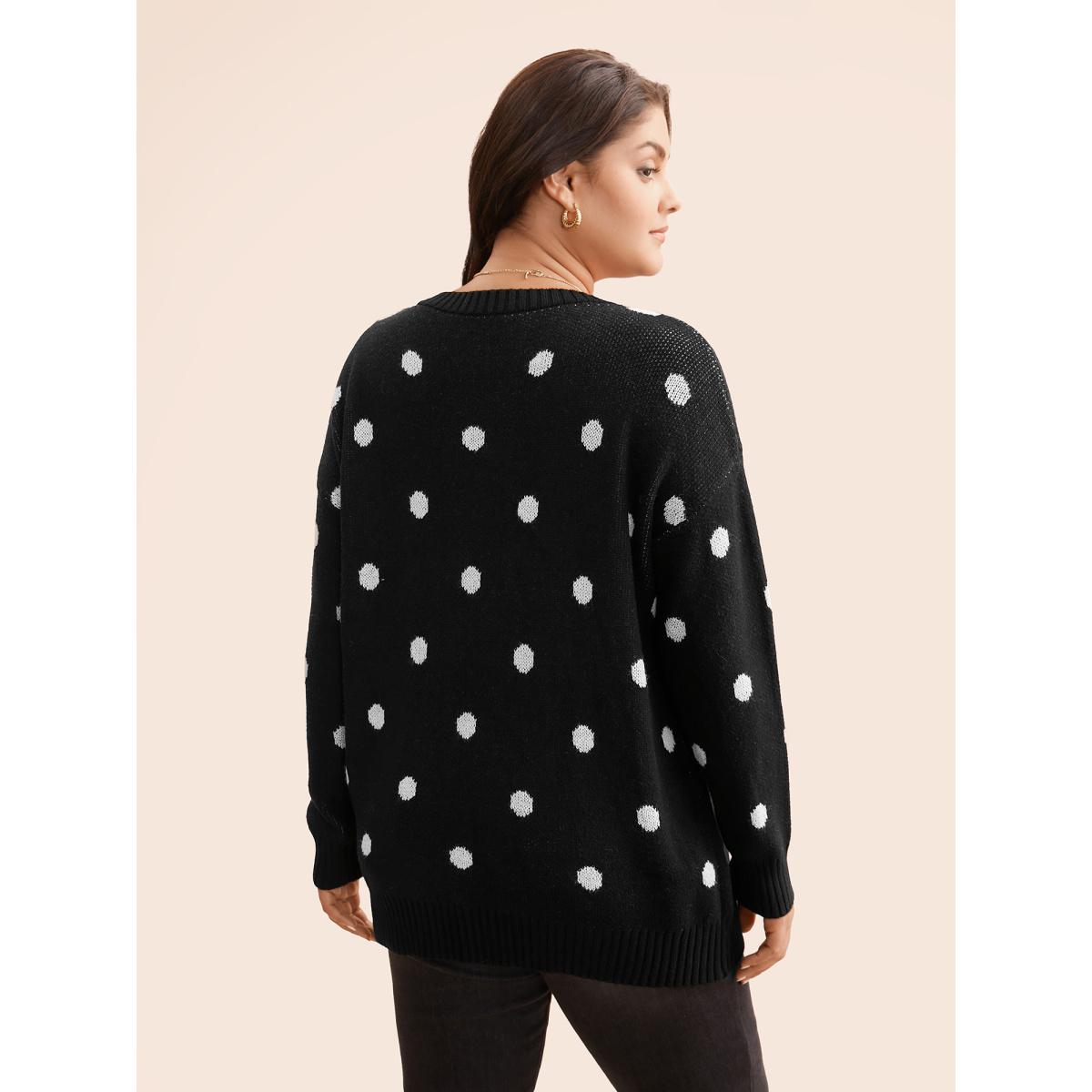 Plus Size Polka Dot Drop Shoulder Sleeve Pullover Black Women Casual Loose Long Sleeve Round Neck Everyday Pullovers BloomChic 30/6X Product Image