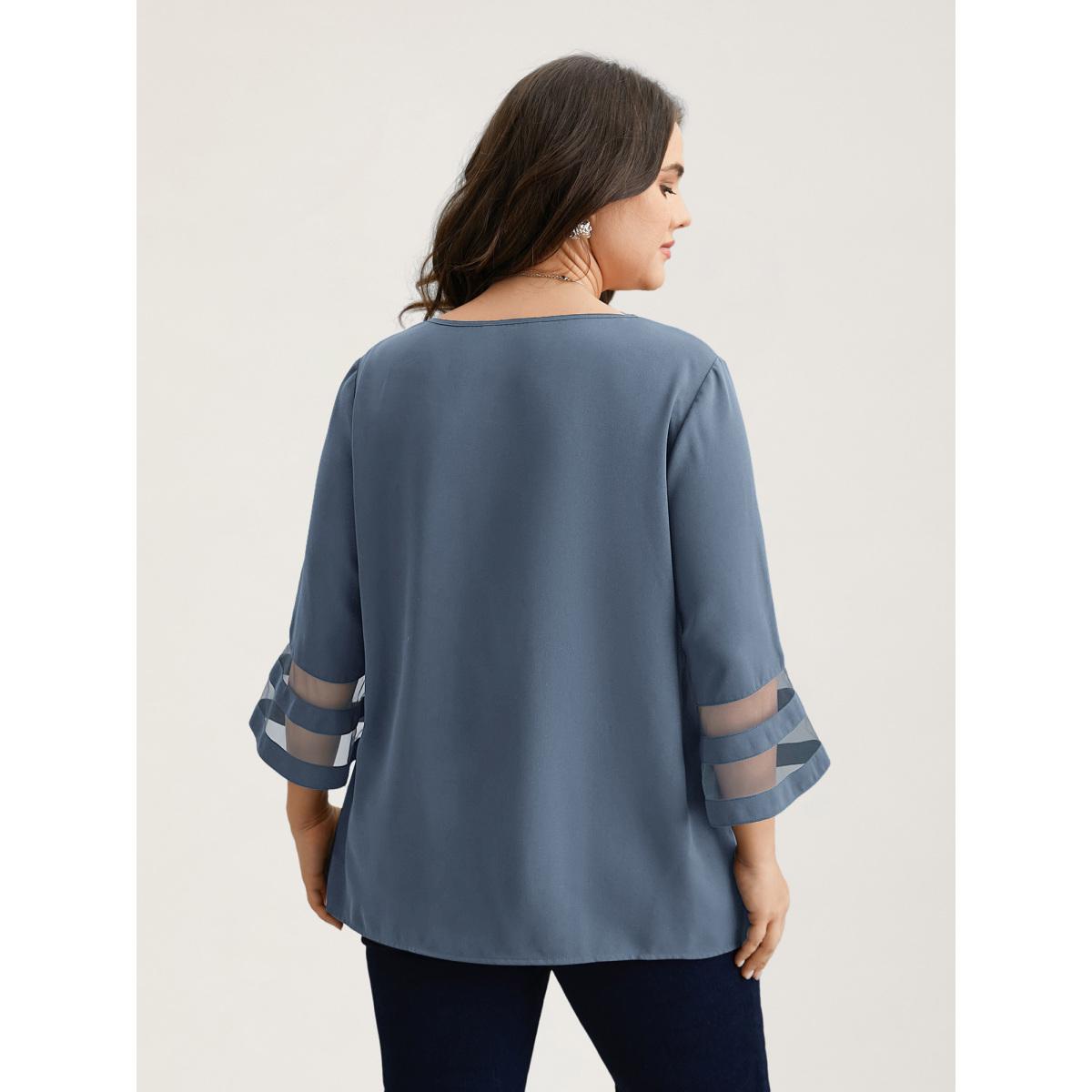 Plus Size Browncoffeecolor Sheer Sleeve Patchwork Asymmetrical Neckline Blouse Women At the Office Elbow-length sleeve Asymmetrical Neck Work Blouses BloomChic 22-24/3X Product Image