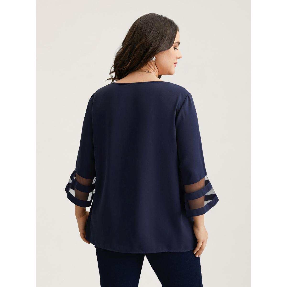 Plus Size Indigo Sheer Sleeve Patchwork Asymmetrical Neckline Blouse Women Office Elbow-length sleeve Asymmetrical Neck Office Blouses BloomChic 30/6X Product Image