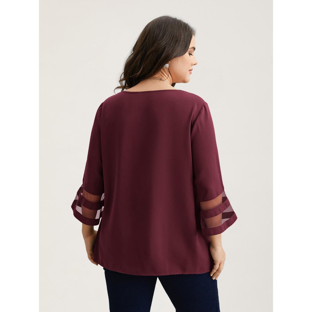 Plus Size Burgundy Sheer Sleeve Patchwork Asymmetrical Neckline Blouse Women At the Office Elbow-length sleeve Asymmetrical Neck Work Blouses BloomChic 18-20/2X Product Image
