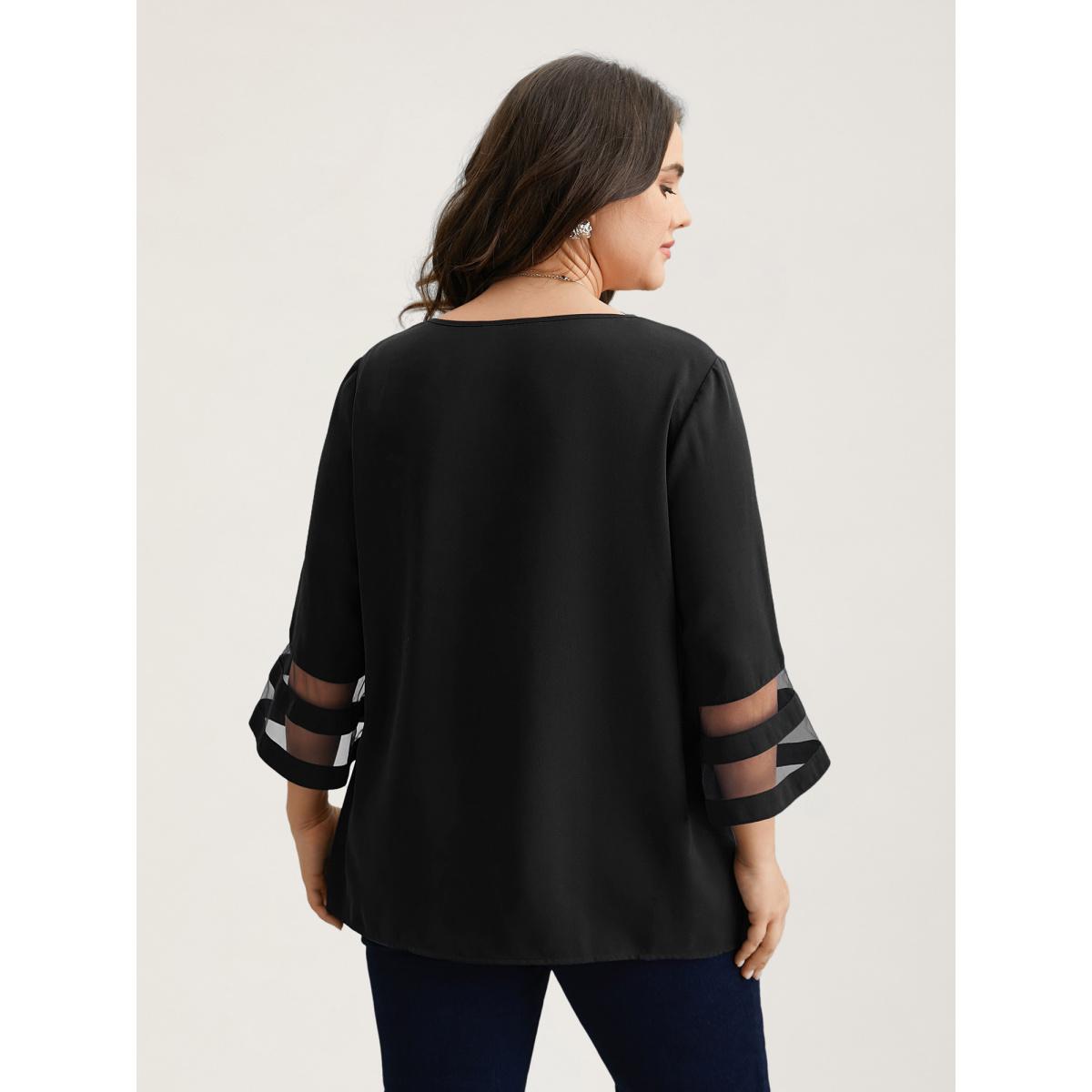 Plus Size Black Sheer Sleeve Patchwork Asymmetrical Neckline Blouse Women Office Elbow-length sleeve Asymmetrical Neck Office Blouses BloomChic 30/6X Product Image
