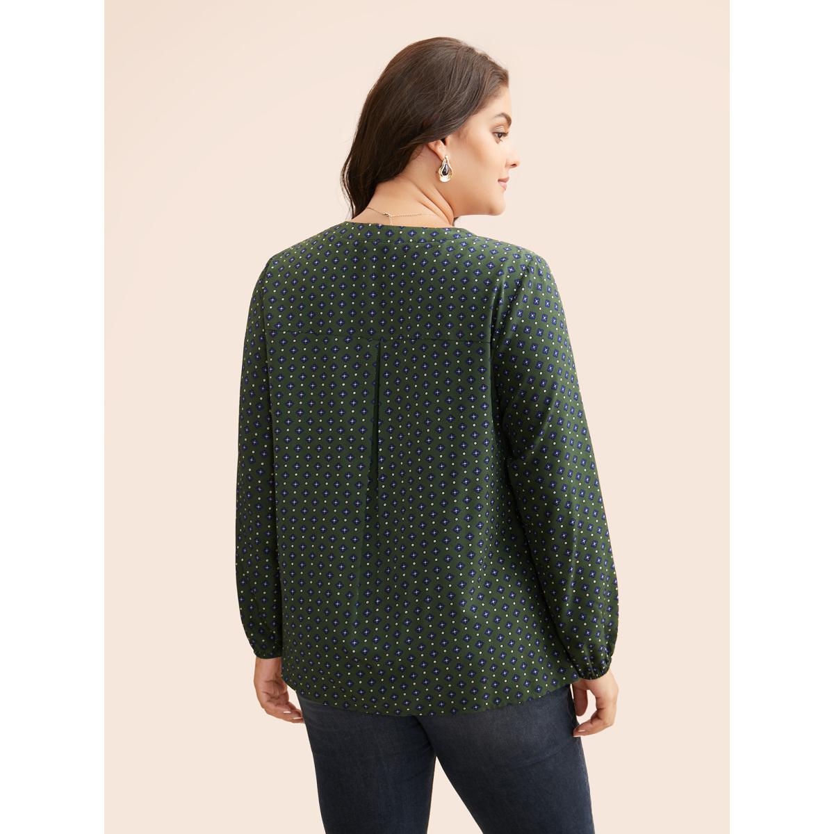 Plus Size ArmyGreen Notched Geometric Button Up Blouse Women At the Office Extra Long Sleeve Notched collar Office Blouses BloomChic 28/5X Product Image