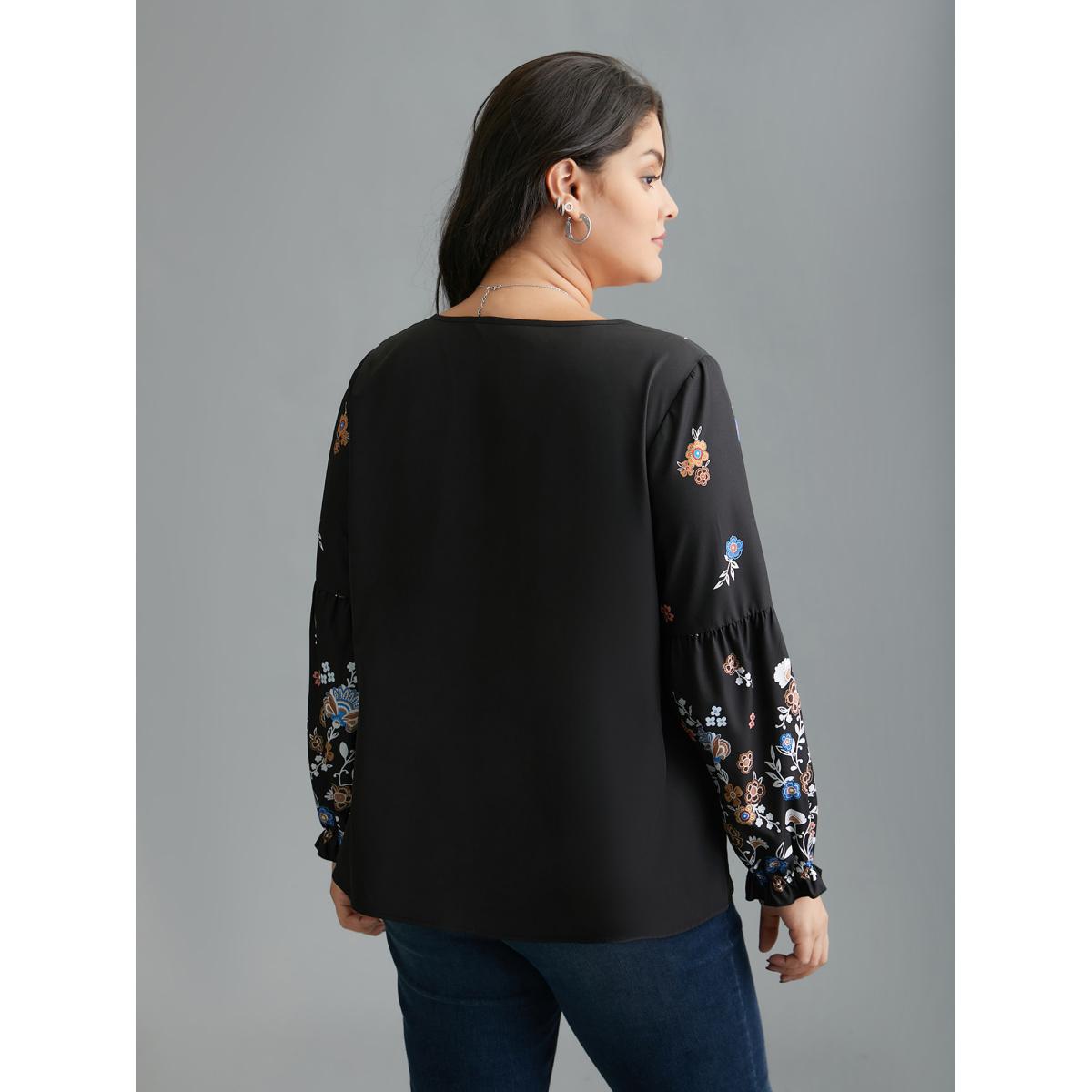 Plus Size Black Floral Puffy Sleeve V-Neck Blouse Women Elegant Long Sleeve Notched collar Everyday Blouses BloomChic 22-24/3X Product Image