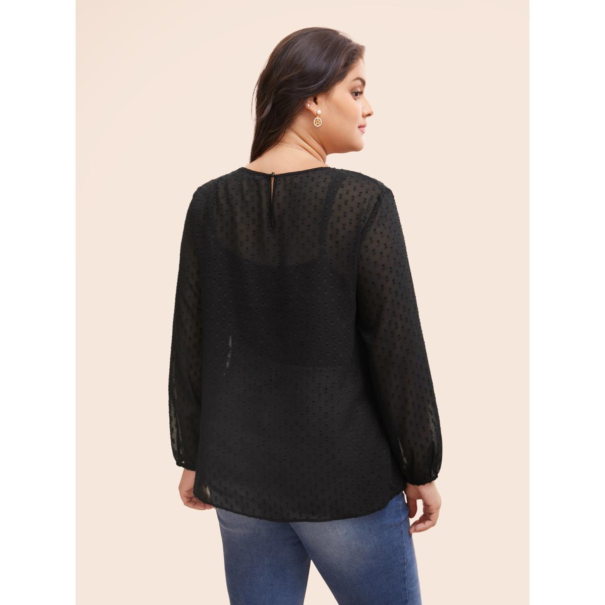 Plus Size Black Appliques Mesh Round Neck Lantern Sleeve Blouse Women Elegant Long Sleeve Round Neck Everyday Blouses BloomChic 22-24/3X Product Image