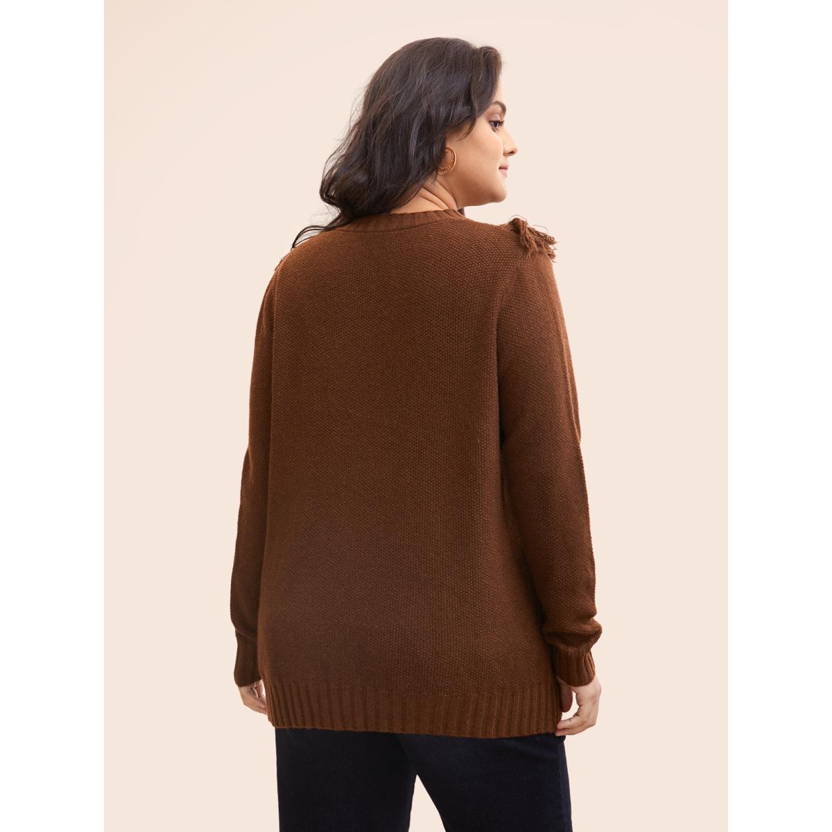 Plus Size Tassel-Front High Neck Pullover DarkBrown Women Casual Long Sleeve Round Neck Everyday Pullovers BloomChic 18-20/2X Product Image