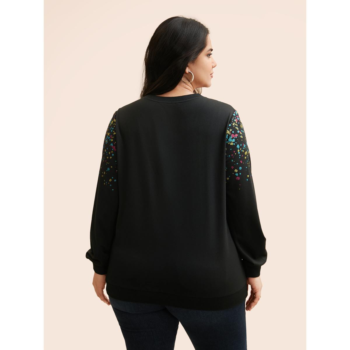 Plus Size Crew Neck Color Glitter Sweatshirt Women Black Casual Patchwork Round Neck Everyday Sweatshirts BloomChic 22-24/3X Product Image