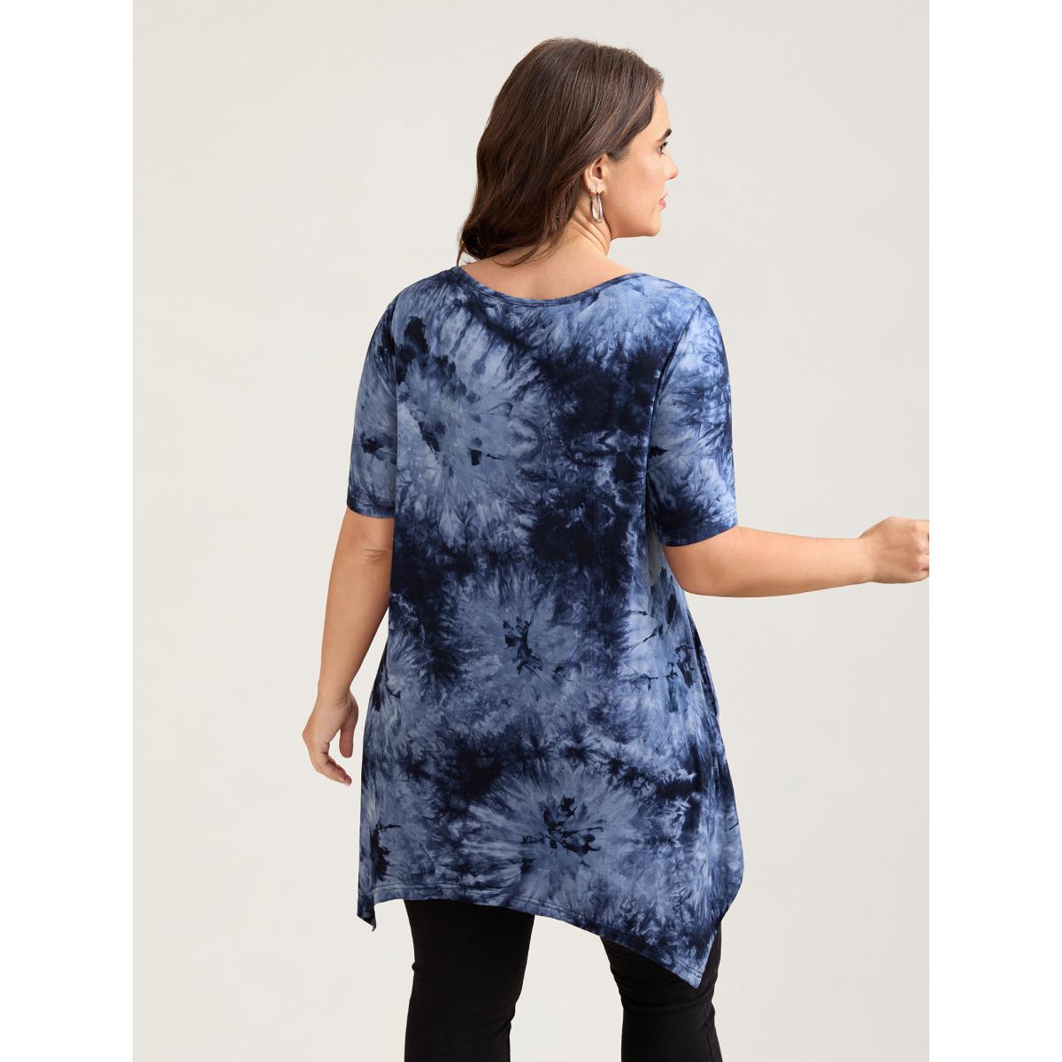 Plus Size Tie-Dye Stretchy Asymmetrical Hem T-Shirt Indigo Women Casual Asymmetrical V-neck Loose Everyday T-shirts BloomChic 10/M Product Image