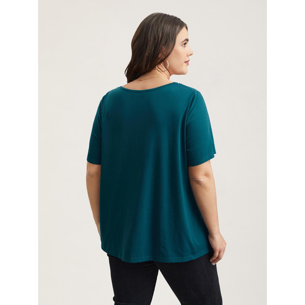 Plus Size Lace Trim Pleated Round Neck T-Shirt Cyan Women Leisure Woven ribbon&lace trim Lace collar Casual T-shirts BloomChic 12/L Product Image