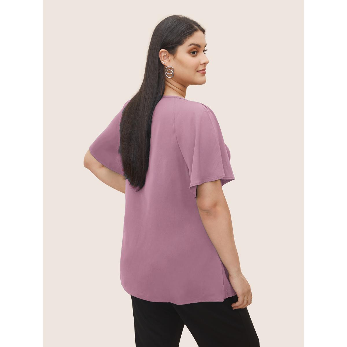 Plus Size ArmyGreen Plain Keyhole Knotted Front Ruffle Sleeve Blouse Women Office Short sleeve Round Neck Office Blouses BloomChic 26/4X Product Image