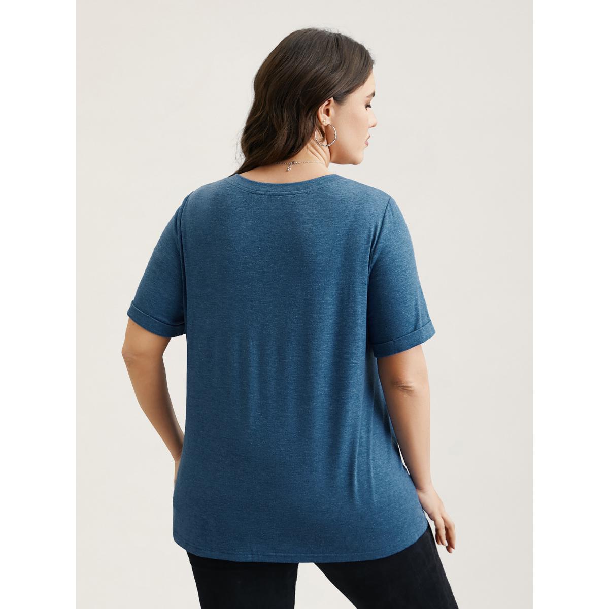 Plus Size Button-Front Half Sleeve Fitted T-Shirt Cerulean Women Leisure Roll Hem Notched collar Casual T-shirts BloomChic 28/5X Product Image