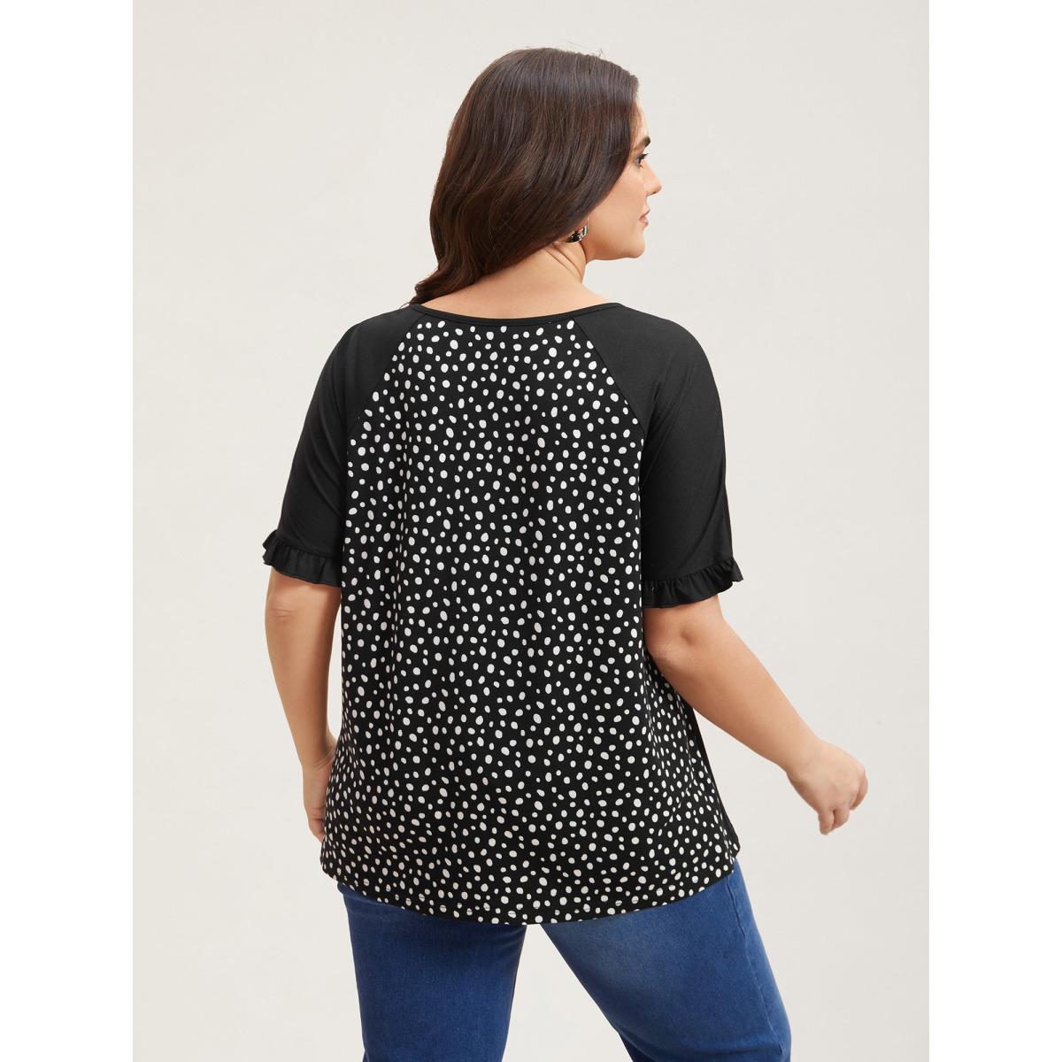 Plus Size Printed Spliced Raglan Sleeve Ruffled T-Shirt Black Women Leisure Contrast Round Neck Casual T-shirts BloomChic 26/4X Product Image