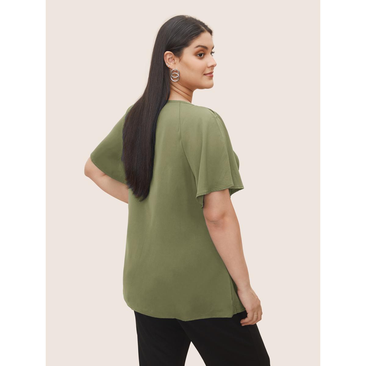 Plus Size ArmyGreen Plain Keyhole Knotted Front Ruffle Sleeve Blouse Women Office Short sleeve Round Neck Office Blouses BloomChic 26/4X Product Image