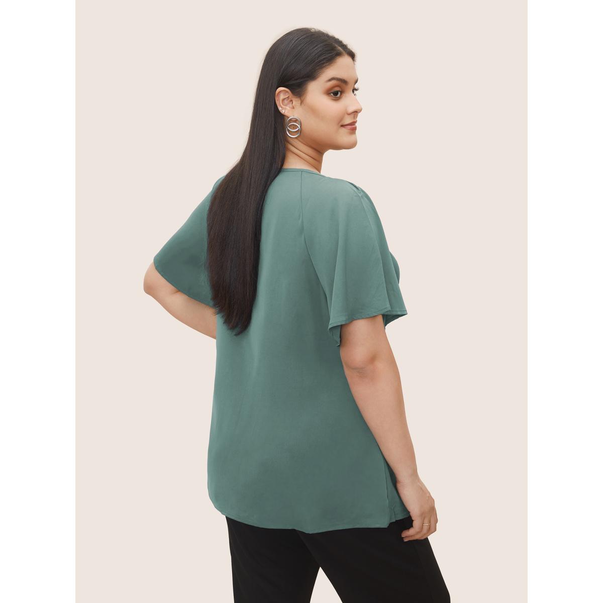 Plus Size Mint Plain Keyhole Knotted Front Ruffle Sleeve Blouse Women Work From Home Short sleeve Round Neck Work Blouses BloomChic 18-20/2X Product Image