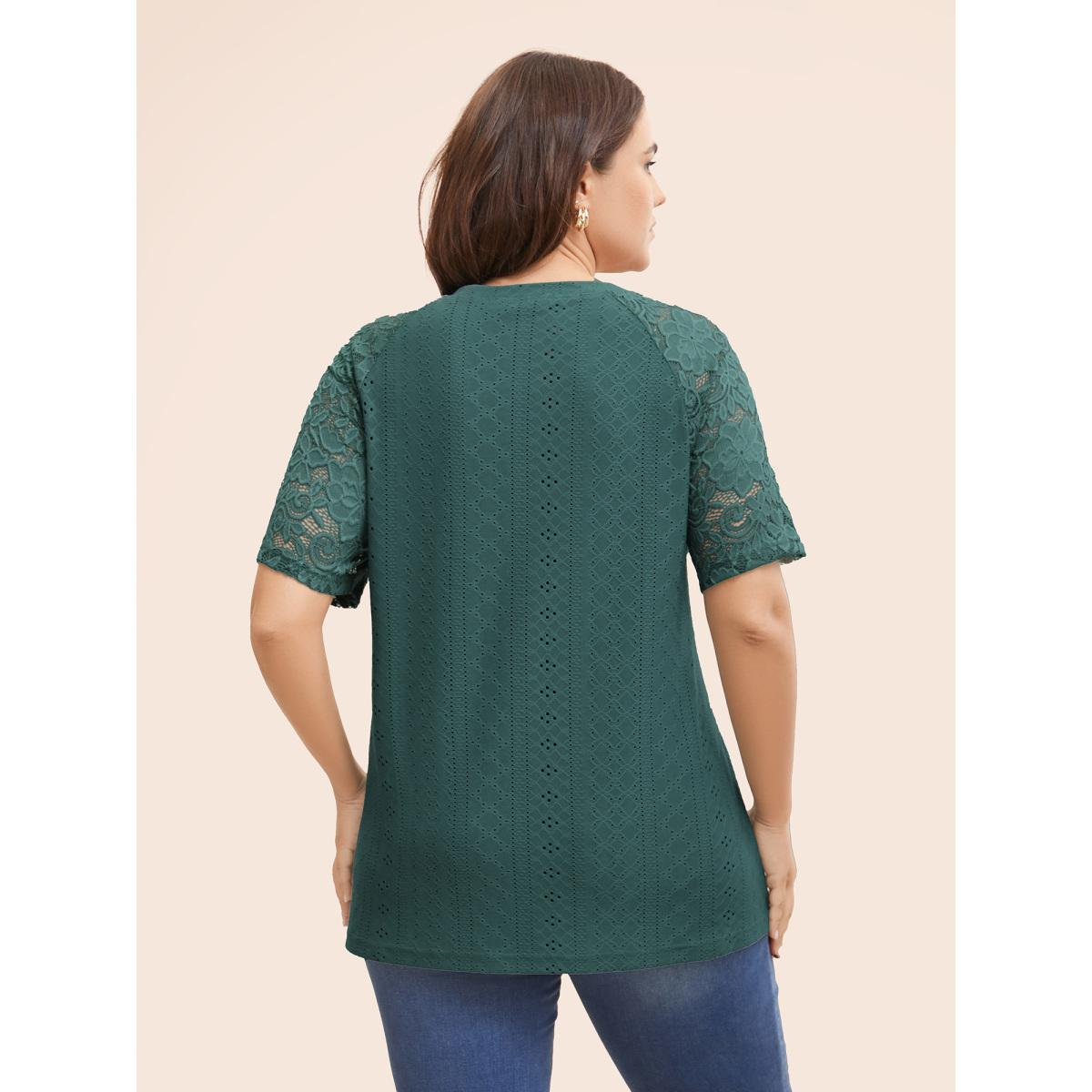 Plus Size Solid Broderie Anglaise Lace Raglan Sleeve T-shirt Cyan Women Elegant See through Plain Round Neck Everyday T-shirts BloomChic 18-20/2X Product Image