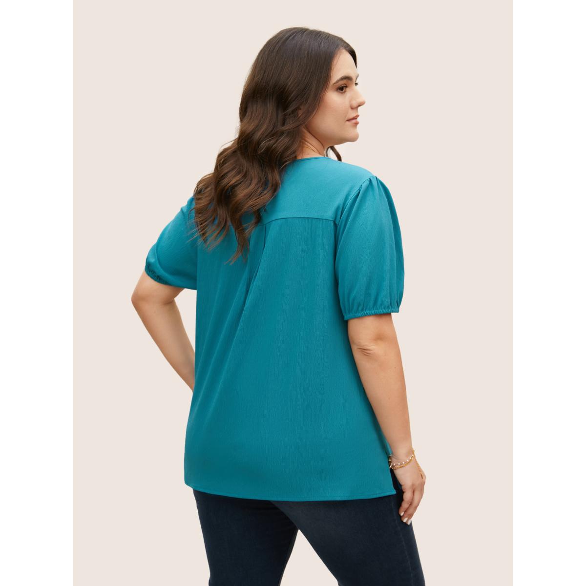 Plus Size Cerulean V Neck Button Detail Pleated Split Hem Blouse Women Casual Short sleeve V-neck Everyday Blouses BloomChic 30/6X Product Image