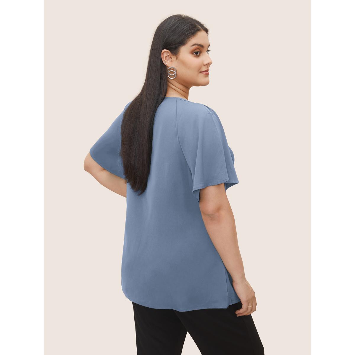 Plus Size Pink Plain Keyhole Knotted Front Ruffle Sleeve Blouse Women Office Short sleeve Round Neck Office Blouses BloomChic 12/L Product Image