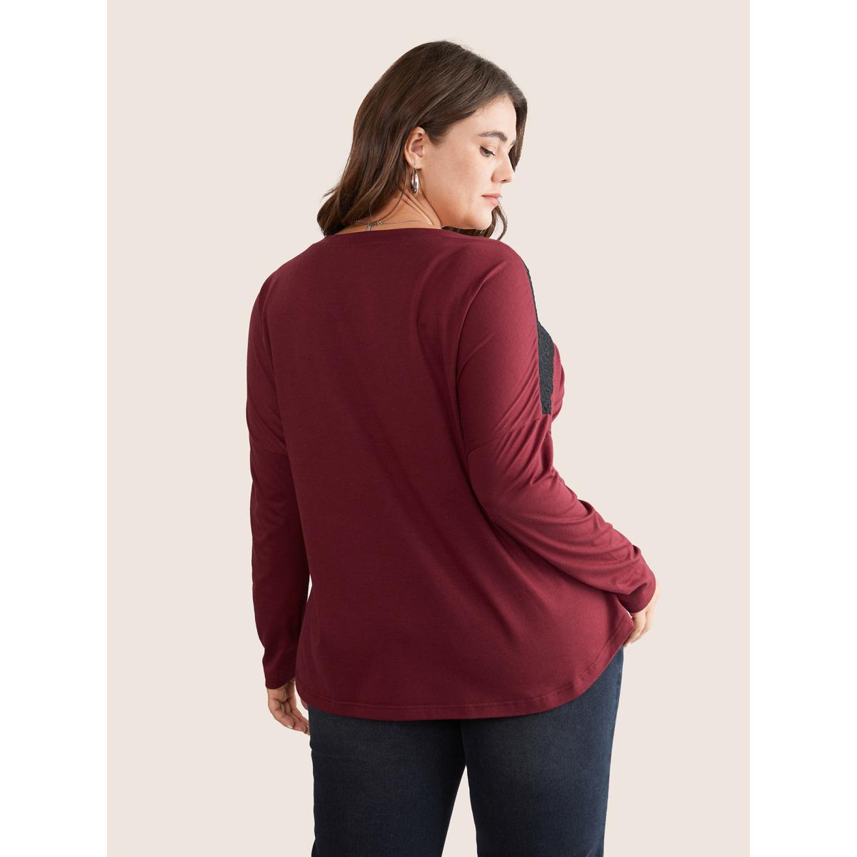 Plus Size Contrast Lace Panel Drop Shoulder T-shirt Burgundy Women Elegant Contrast Plain Round Neck Dailywear T-shirts BloomChic 28/5X Product Image
