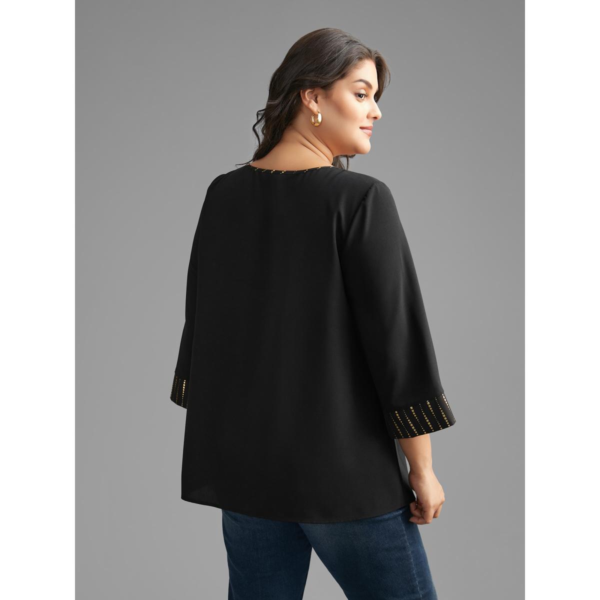 Plus Size Black Crew Neck Glitter Patchwork Contrast Blouse Women Cocktail Long Sleeve Round Neck Party Blouses BloomChic 12/L Product Image
