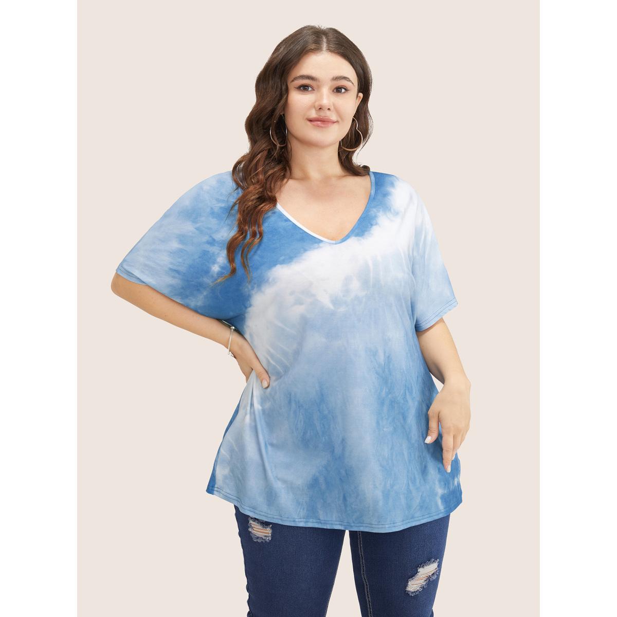 Plus Size Tie Dye Drop Shoulder V Neck T-shirt Stone Women Resort Tie Dye V-neck Vacation T-shirts BloomChic 10/M Product Image