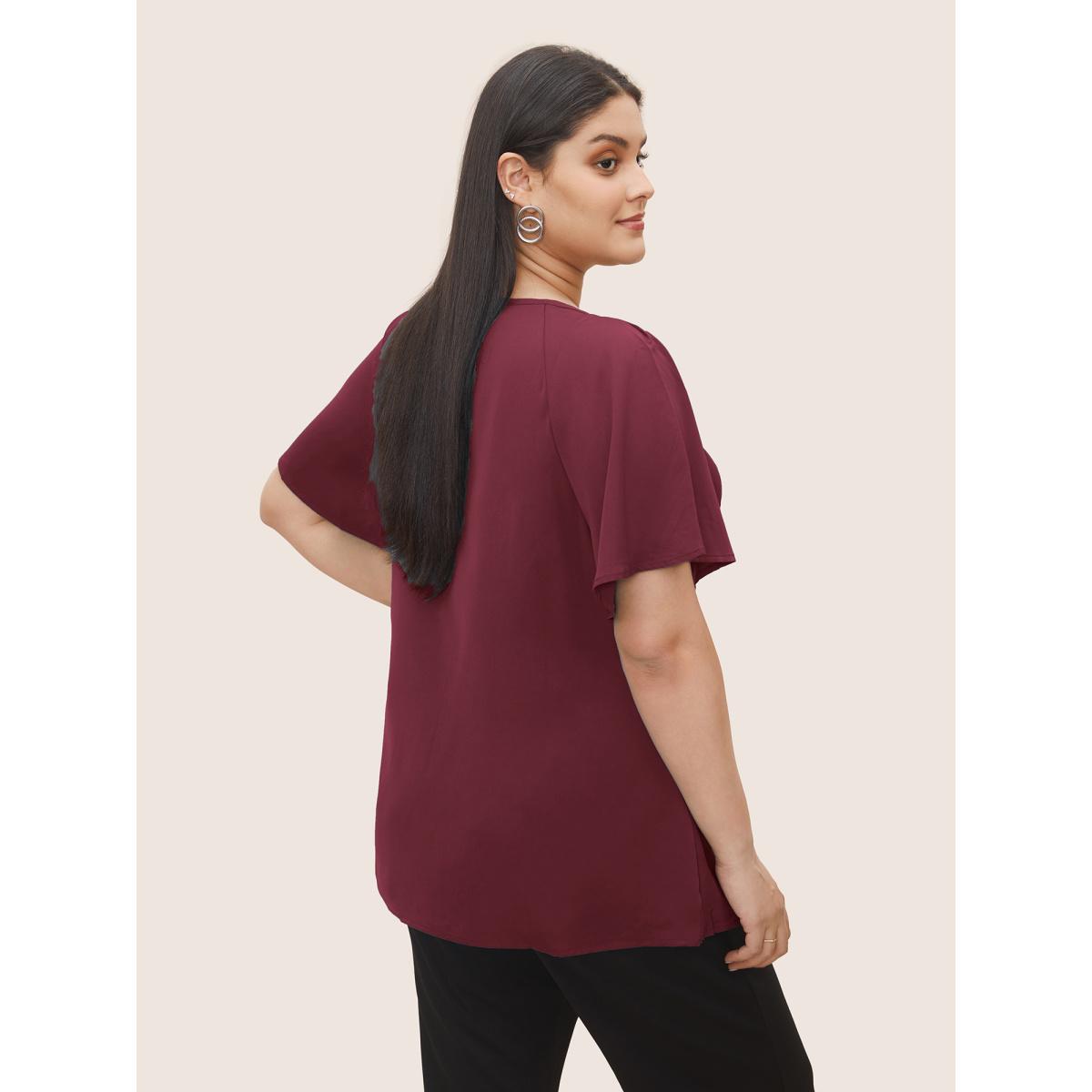 Plus Size Scarlet Plain Keyhole Knotted Front Ruffle Sleeve Blouse Women Work From Home Short sleeve Round Neck Work Blouses BloomChic 30/6X Product Image