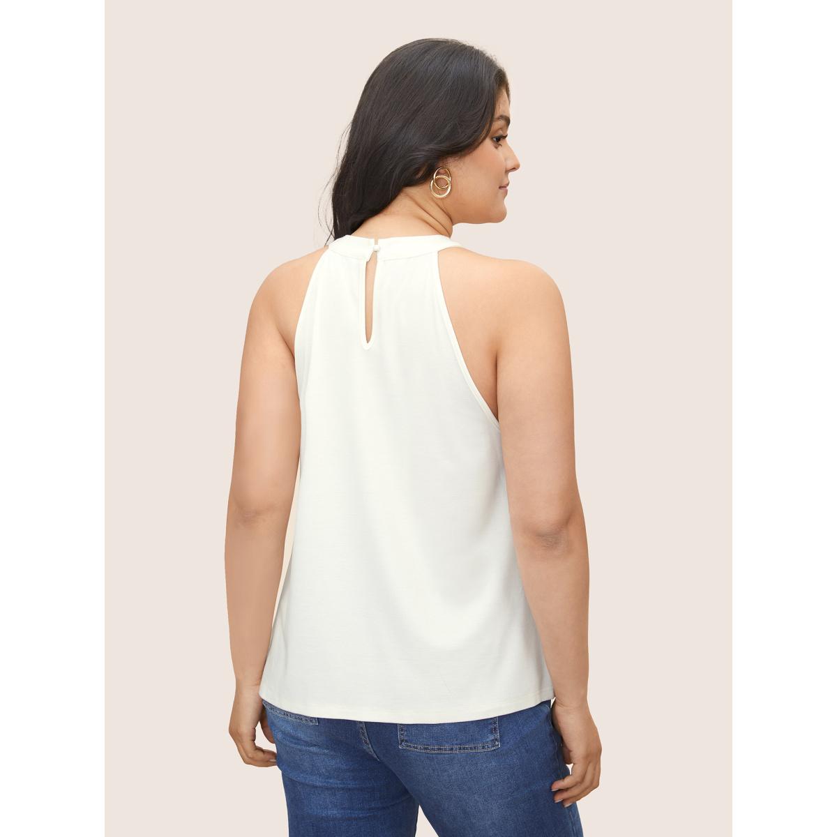 Plus Size Solid Stand Up Collar Gathered Tank Top Women White Elegant Button Stand-up collar Everyday Tank Tops Camis BloomChic 12/L Product Image