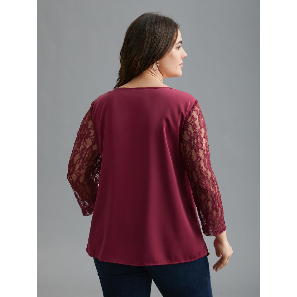 Plus Size RedViolet Sheer Lace Sleeve Neck Cut-Out Shirt Women Elegant Three Quater Length Sleeve Round Neck Everyday Blouses BloomChic 28/5X Product Image