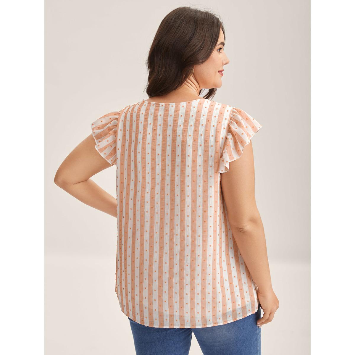Plus Size Salmon Textured Stripe Print Flutter Sleeve Blouse Women Cap Sleeve Square Neck Everyday-Elegant Blouses BloomChic 26/4X Product Image
