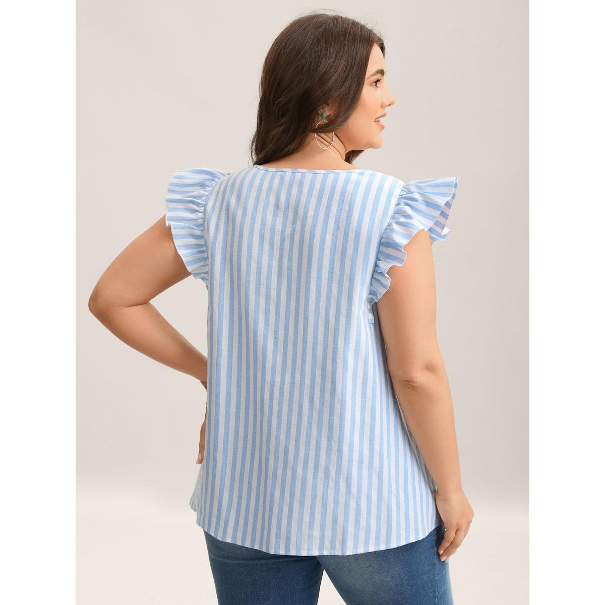 Plus Size Skyblue Embroidered Stripe Neck Tie Blouse Women Boho Cap Sleeve Notched collar Vacation Blouses BloomChic 22-24/3X Product Image