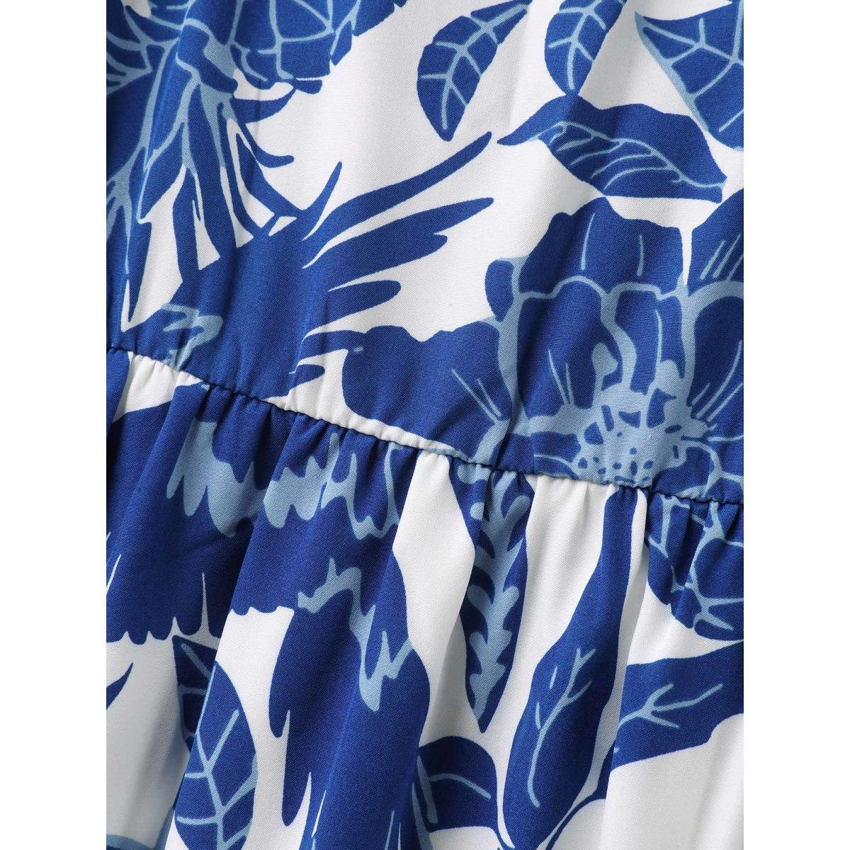 Plus Size Large Floral Print Pockets Midi Dress DarkBlue Women Heart neckline Short sleeve Curvy BloomChic 22-24/3X Product Image