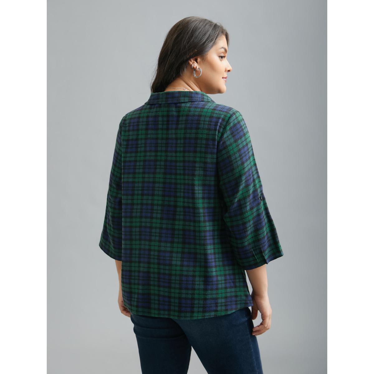Plus Size DarkGreen Plaid Print Tab Sleeve Blouse Women At the Office Elbow-length sleeve Shirt collar Work Blouses BloomChic 28/5X Product Image