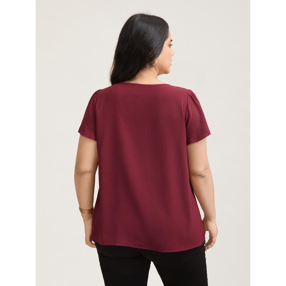 Plus Size Scarlet Plain Neck Cut-Out Pintuck Shirt Women At the Office Short sleeve Round Neck Work Blouses BloomChic 28/5X Product Image
