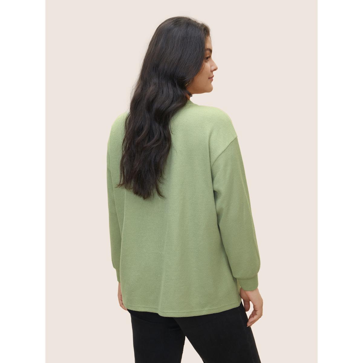 Plus Size Plain Button Detail Textured Sweatshirt Women LightGreen Casual Non Round Neck Everyday Sweatshirts BloomChic 28/5X Product Image