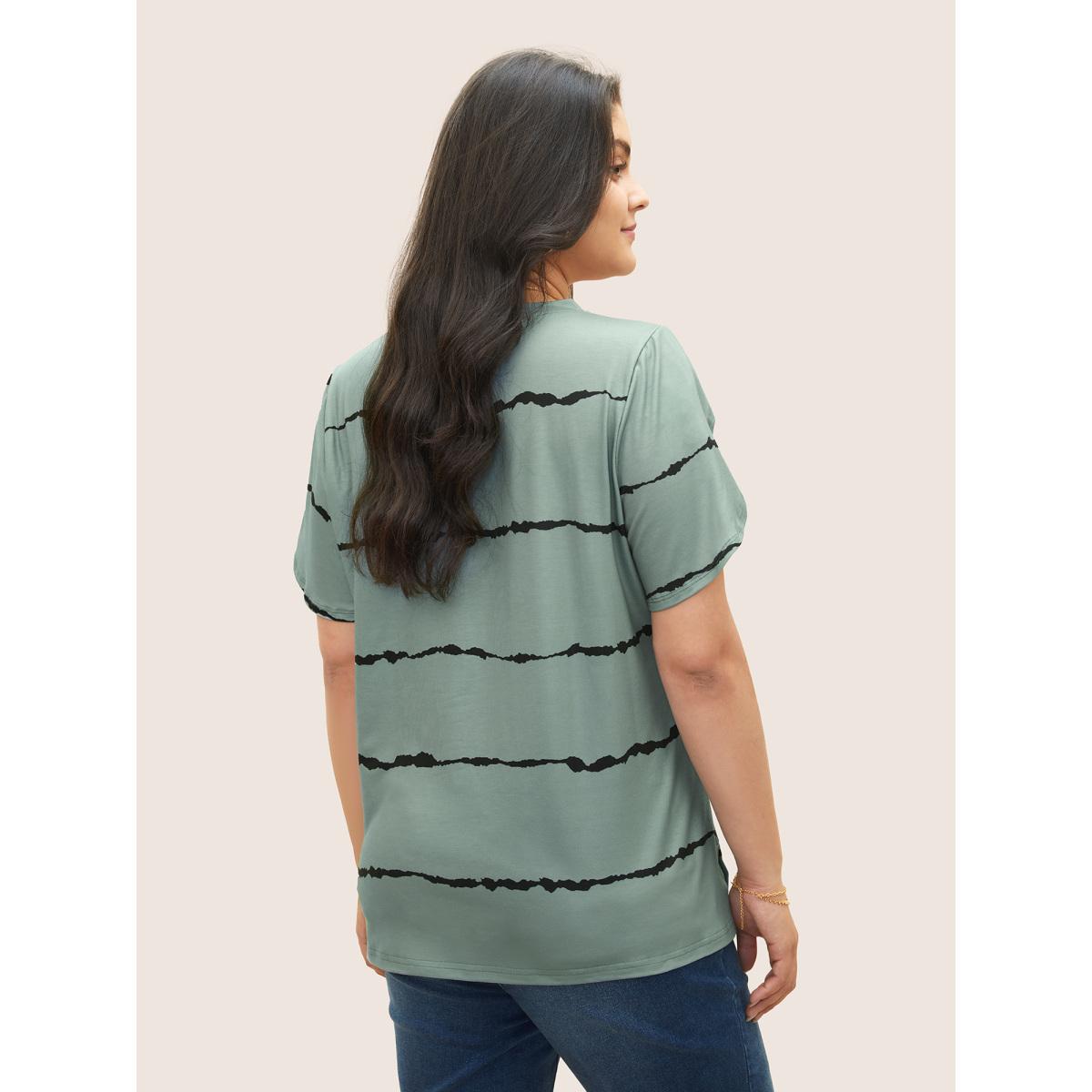 Plus Size Striped Contrast Petal Sleeve T-shirt Mint Women Elegant Striped Everyday T-shirts BloomChic 12/L Product Image