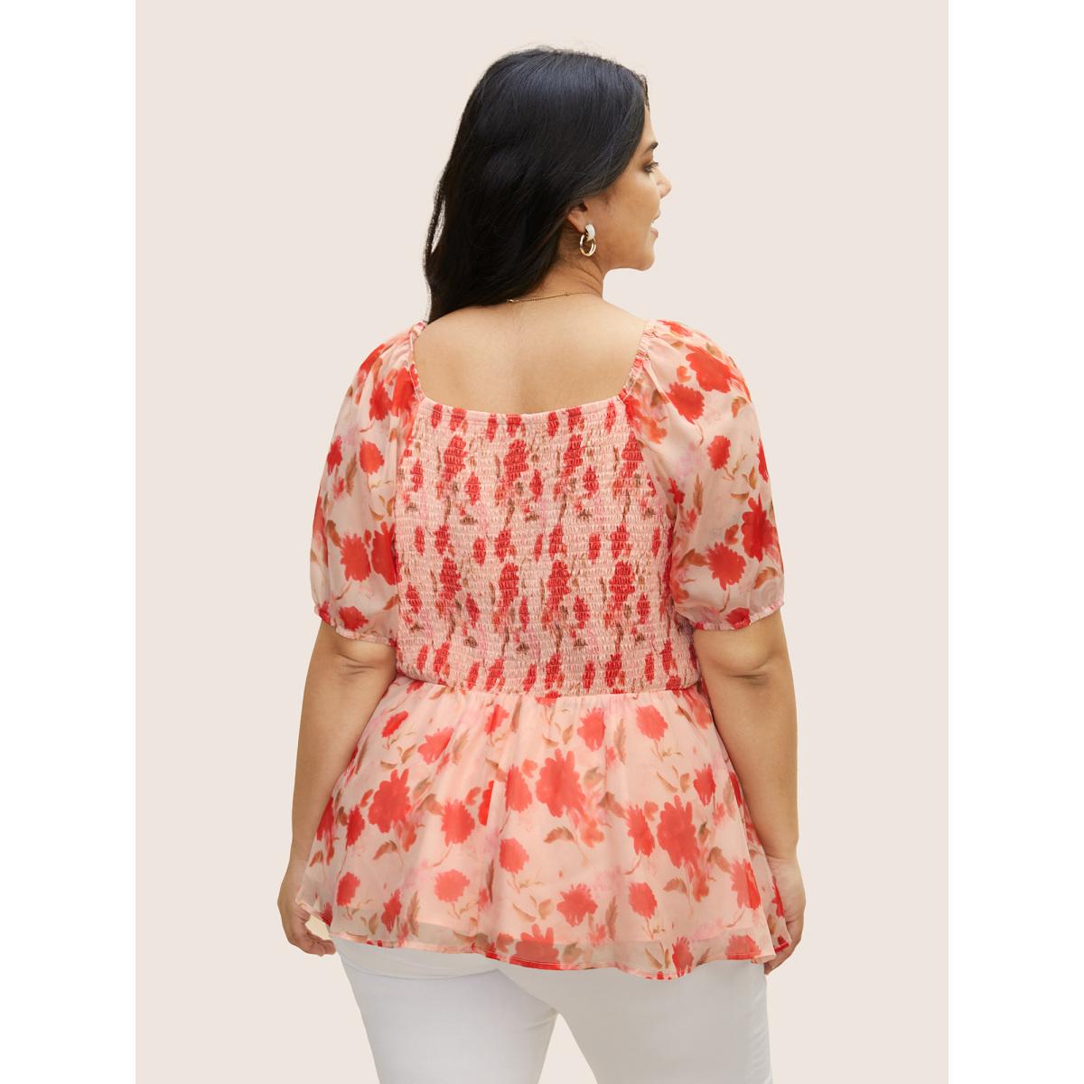 Plus Size Multicolor Floral Elastic Waist Mesh Ruched Blouse Women Elegant Short sleeve Heart neckline Everyday Blouses BloomChic 14-16/1X Product Image