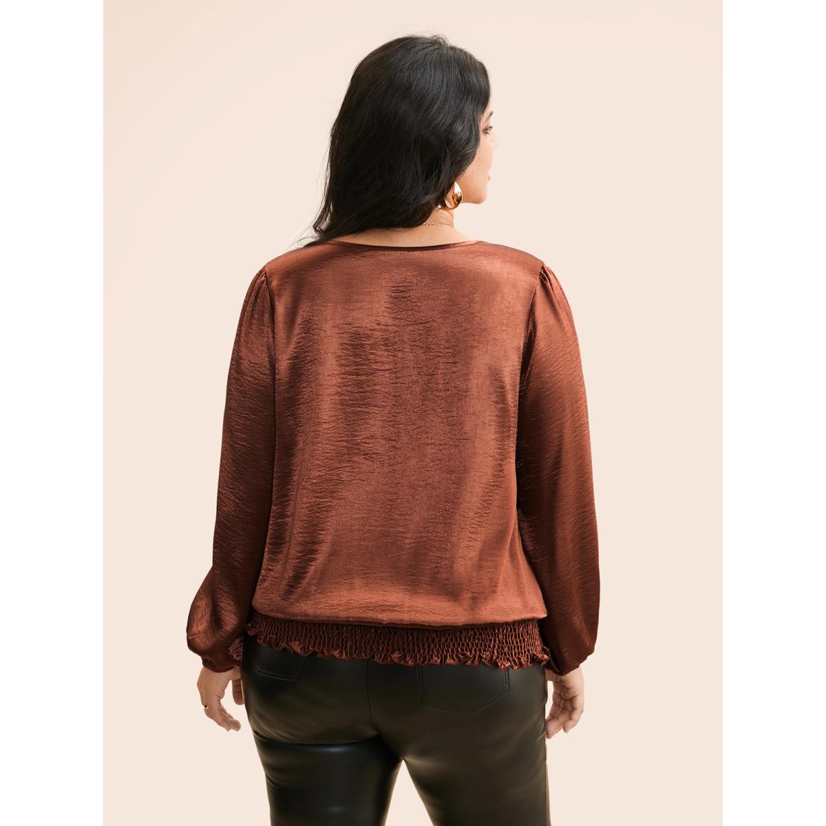 Plus Size Browncoffeecolor Overlap Collar Shirred Lace Trim Blouse Women Cocktail Long Sleeve Overlap Collar Party Blouses BloomChic 28/5X Product Image