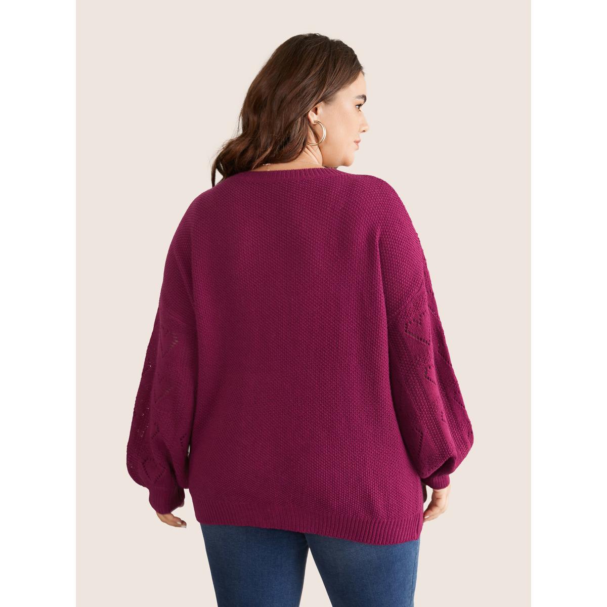 Plus Size Solid Heart Pointelle Lantern Sleeve Pullover Burgundy Women Elegant Long Sleeve V-neck Everyday Pullovers BloomChic 14-16/1X Product Image