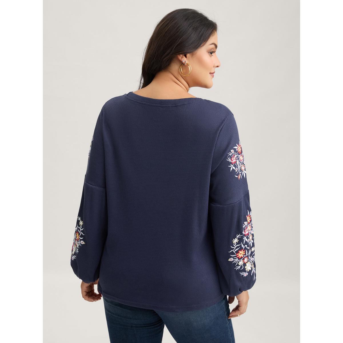 Plus Size Waffle Knit Floral Embroidered Lantern Sleeve T-shirt Indigo Women Leisure Texture Floral Round Neck Casual T-shirts BloomChic 10/M Product Image