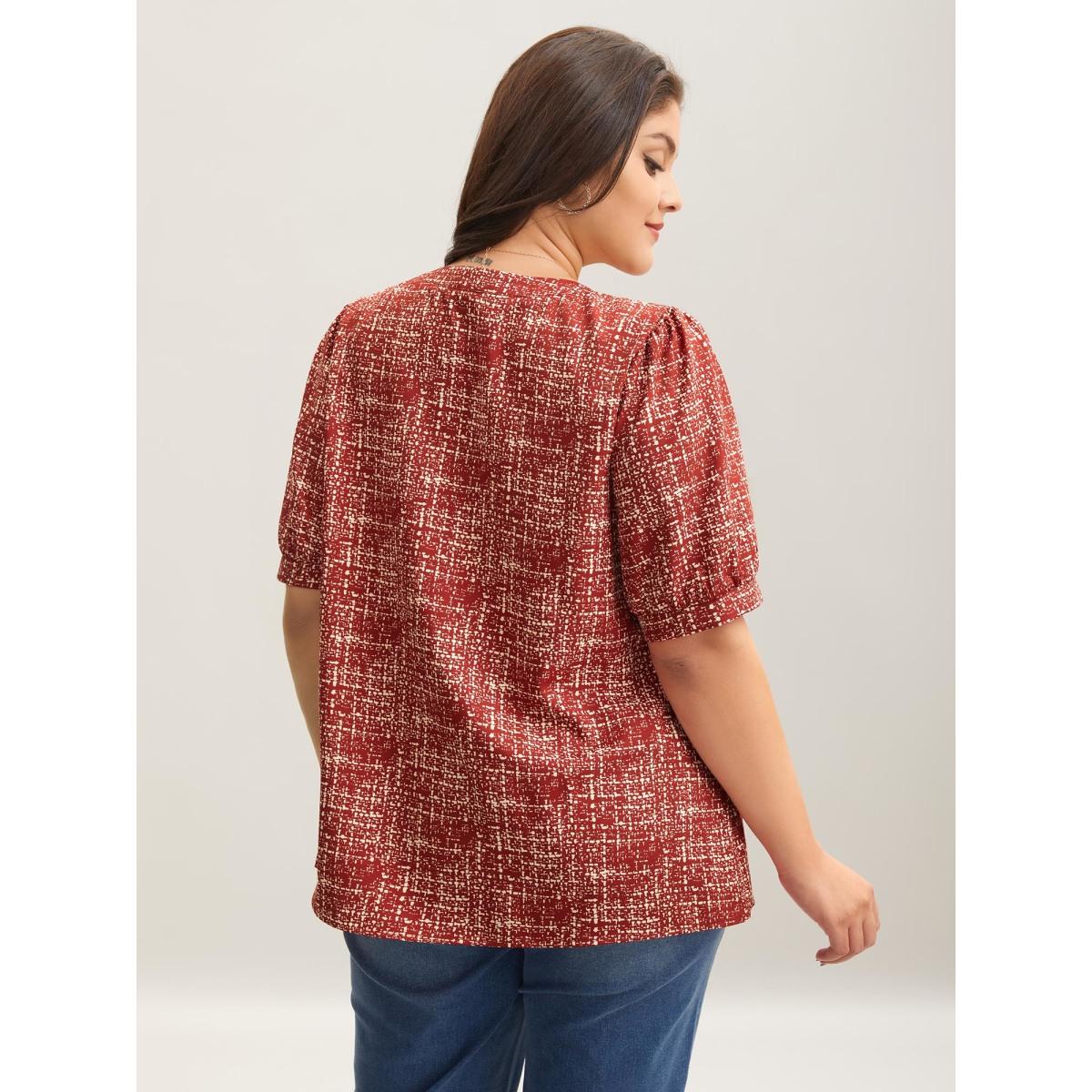 Plus Size Scarlet Geometric Print Puff Sleeve Blouse Women Office Short sleeve Flat collar with V-notch Office Blouses BloomChic 22-24/3X Product Image