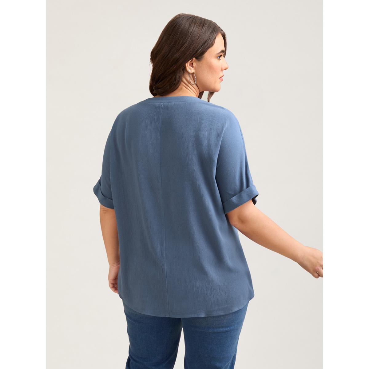 Plus Size Aegean Rayon Dolman Sleeve Notched Collar Blouse Women Casual Short sleeve Flat collar with V-notch Everyday Blouses BloomChic 28/5X Product Image