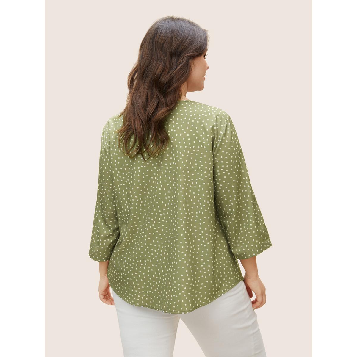 Plus Size Sage Polka Dot Button Cuff Sleeve Pleated Blouse Women At the Office Elbow-length sleeve V-neck Work Blouses BloomChic 18-20/2X Product Image