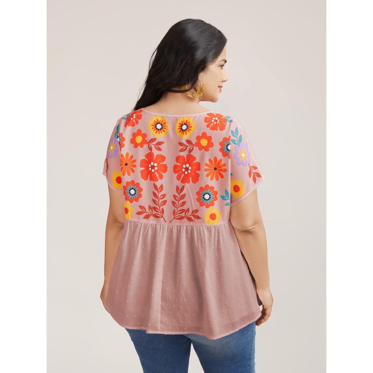 Plus Size Dirtypink Floral Print Neck-Tie Babydoll Top Women Resort Short sleeve Non Vacation Blouses BloomChic 26/4X Product Image