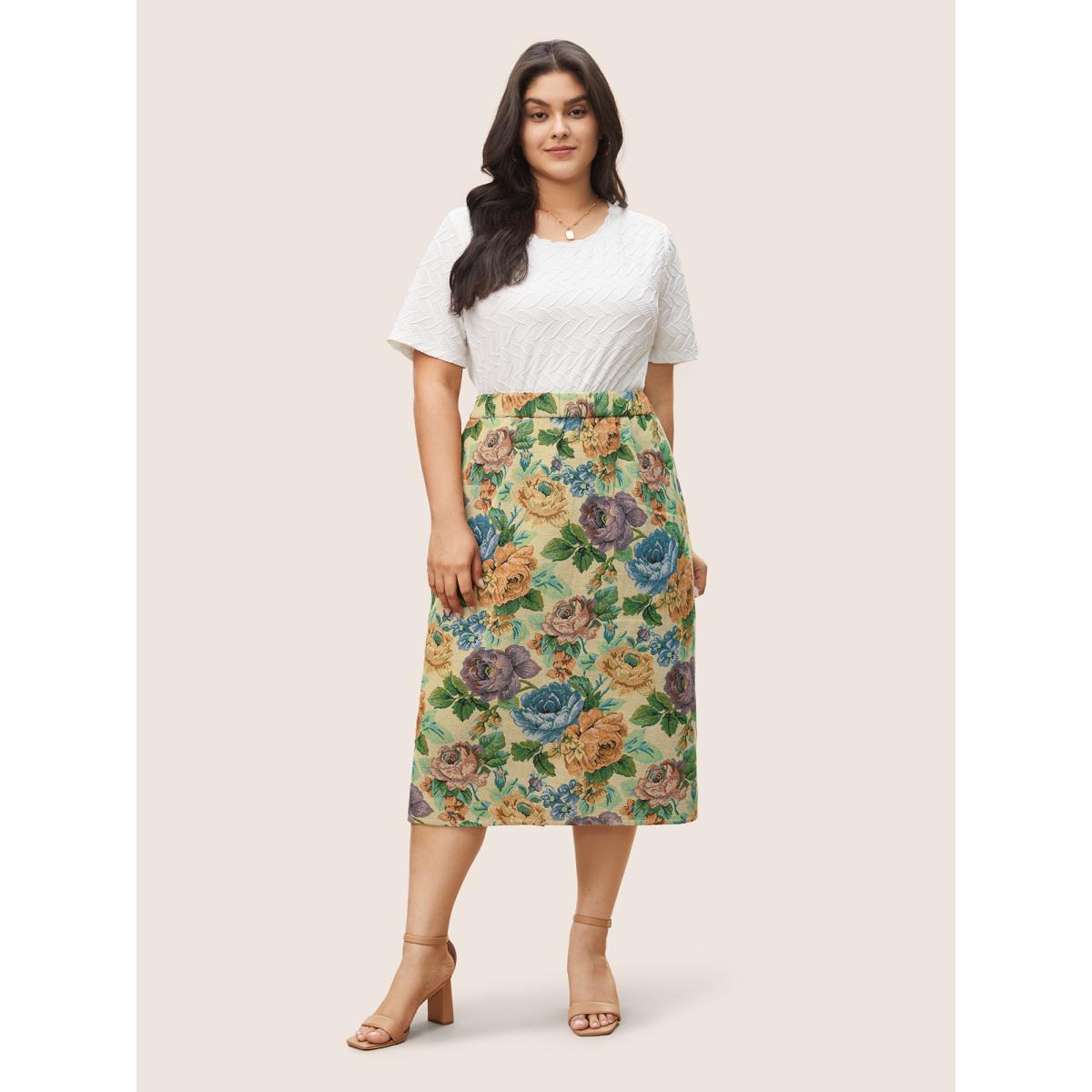 Plus Size Floral Print Elastic Waist Pocket Split Hem Skirt Women LightBrown Elegant Non No stretch Slanted pocket Everyday Skirts BloomChic 22-24/3X Product Image