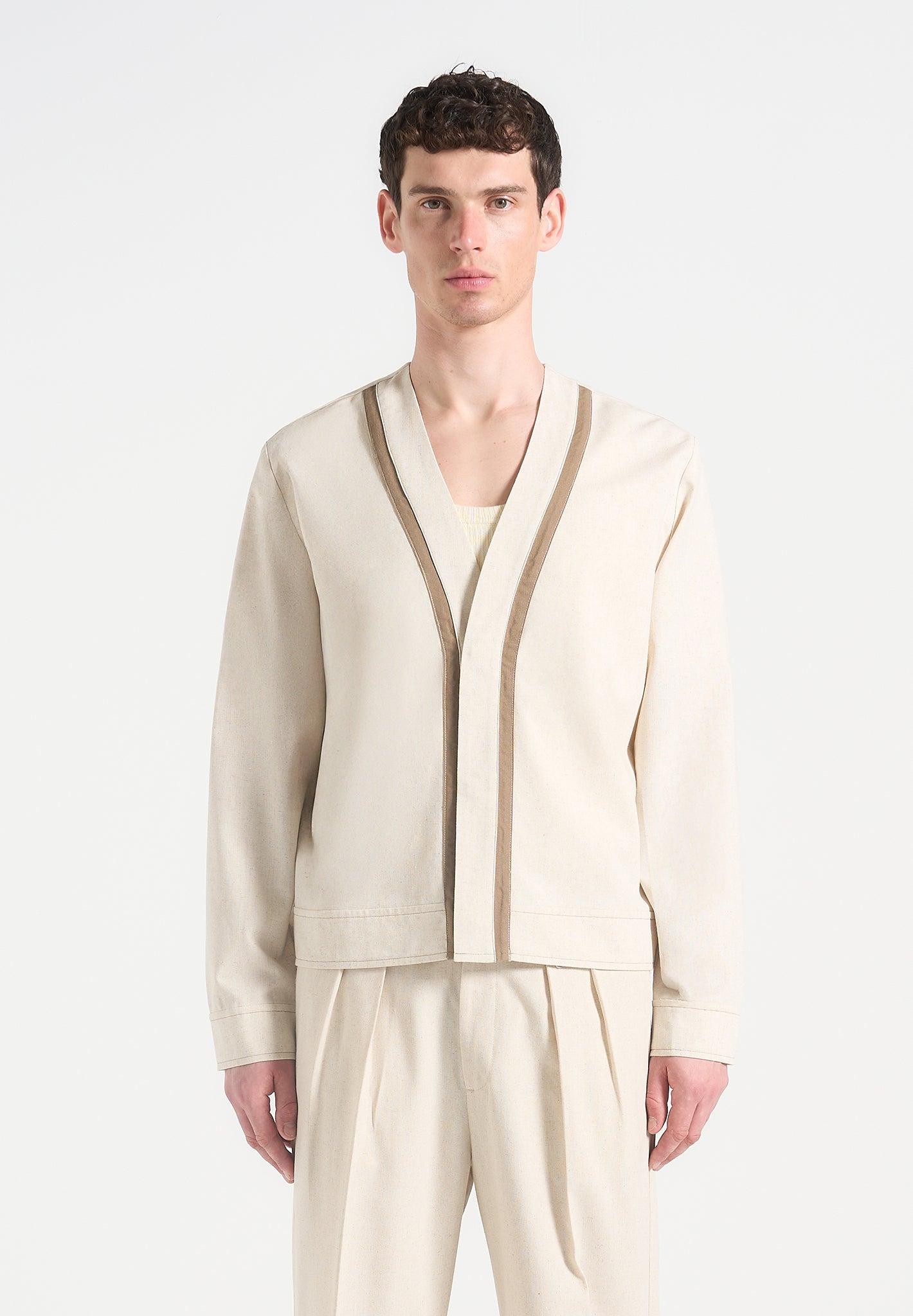 Alain - Linen Cardigan with Contrast Placket - Natural Male Product Image