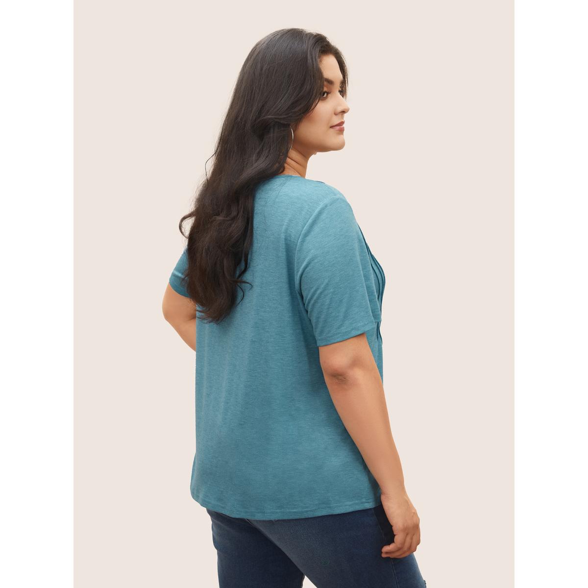 Plus Size Solid Seam Detail Keyhole T-shirt LightBlue Women Casual Pleated Round Neck Everyday T-shirts BloomChic 10/M Product Image