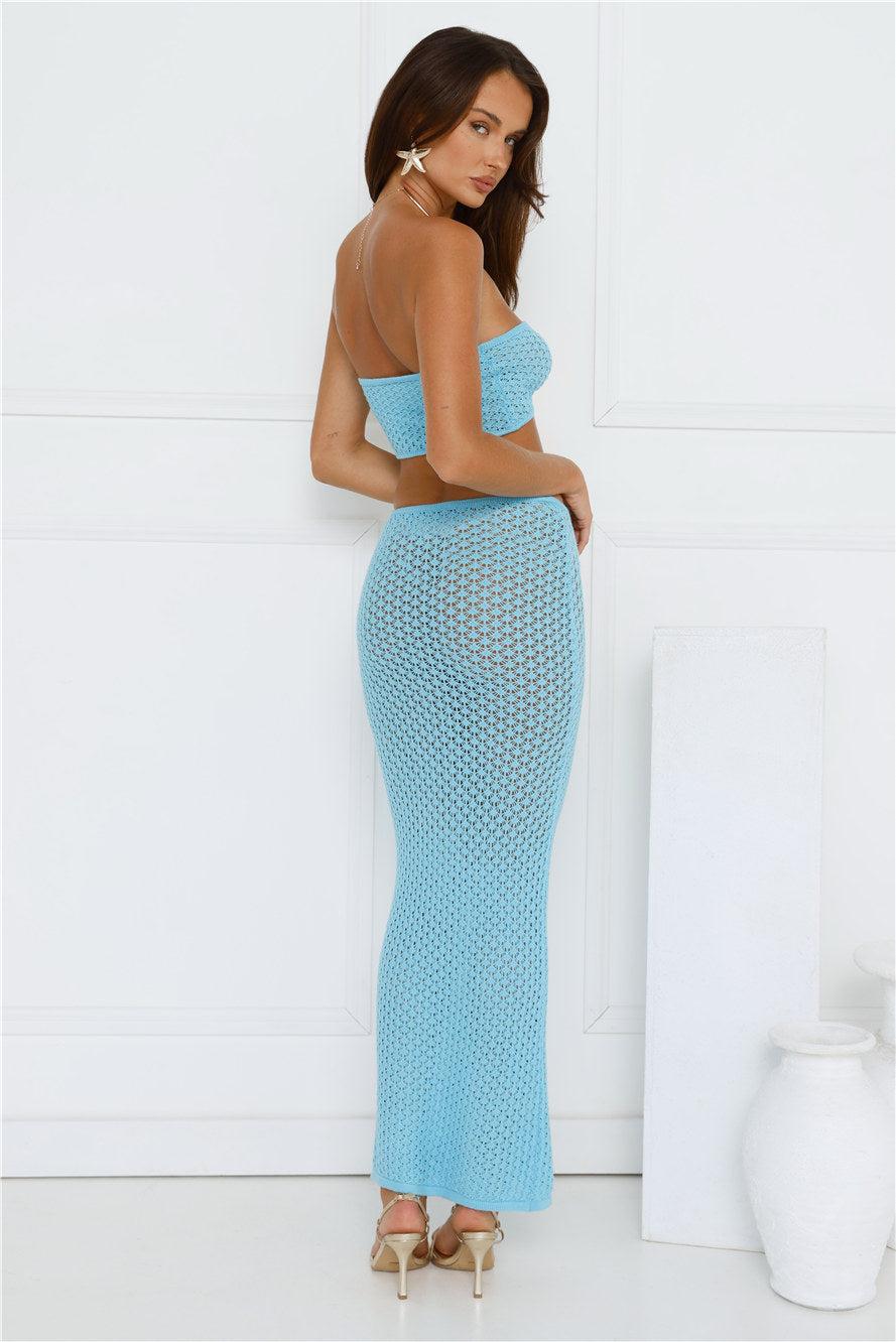 Moonlit Shores Strapless Crochet Crop Top Aqua Product Image
