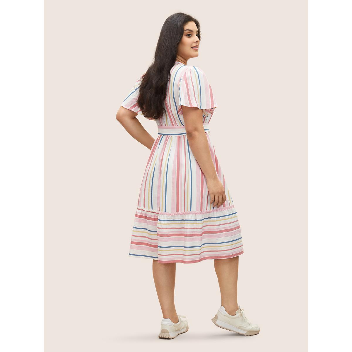 Plus Size Striped Wrap Patchwork Belted Frill Trim Dress White Women Casual Non Overlap Collar Short sleeve Curvy Midi Dress BloomChic 22-24/3X Product Image