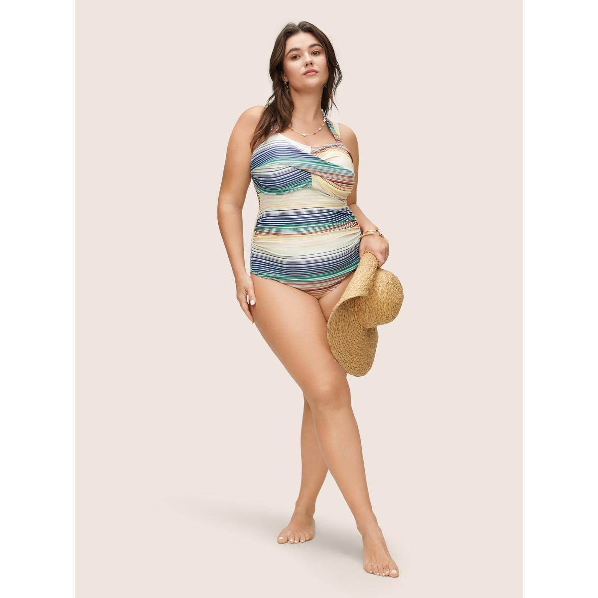 Plus Size Color Striped Crossover Gathered One Piece Swimsuit Women's Swimwear Multicolor Beach Twist Curve Bathing Suits High stretch One Pieces BloomChic 12/L Product Image