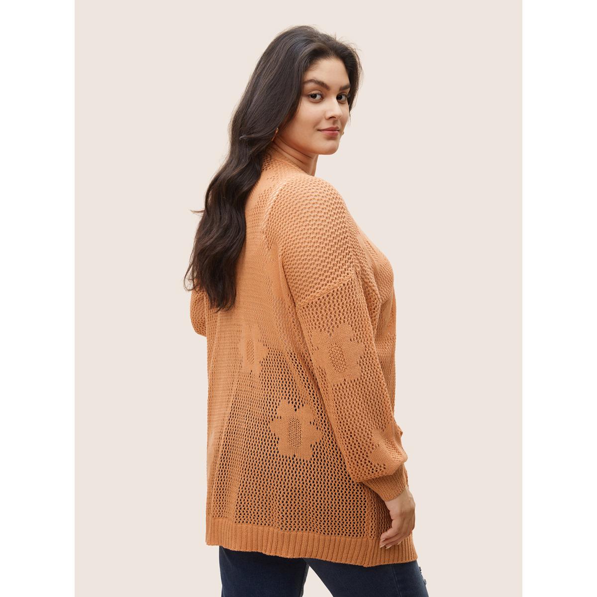 Plus Size Solid Floral Pocket Pointelle Knit Cardigan Coral Women Everyday Casual Cover Ups Bloomchic 14-16/1X Product Image